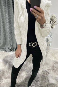 Women's Long Cable Knit Cardigan | Soft Wool Relaxed Fit for Autumn, Winter & Everyday Casual Layering in White
