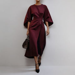 Women's Belted Midi Dress | Wide-Sleeve A-Line Tailored-Waist Button-Front Relaxed Fit for Everyday Wear & Summer Wear in Red