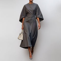Women's Belted Midi Dress | Wide-Sleeve A-Line Tailored-Waist Button-Front Relaxed Fit for Everyday Wear & Summer Wear in Gray