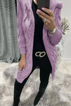 Women's Long Cable Knit Cardigan | Soft Wool Relaxed Fit for Autumn, Winter & Everyday Casual Layering in Lilac
