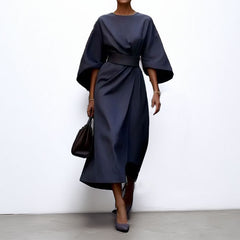 Women's Belted Midi Dress | Wide-Sleeve A-Line Tailored-Waist Button-Front Relaxed Fit for Everyday Wear & Summer Wear in Navy Blue