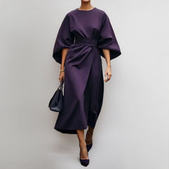 Women's Belted Midi Dress | Wide-Sleeve A-Line Tailored-Waist Button-Front Relaxed Fit for Everyday Wear & Summer Wear in Purple