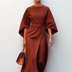 Women's Belted Midi Dress | Wide-Sleeve A-Line Tailored-Waist Button-Front Relaxed Fit for Everyday Wear & Summer Wear in Brown