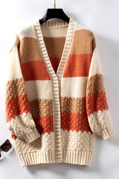 Women's Oversized Knit Cardigan | Open-Front Textured Striped Relaxed Fit for Autumn & Winter Wear & Smart Casual Wear in Orange