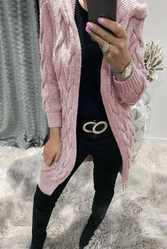 Women's Long Cable Knit Cardigan | Soft Wool Relaxed Fit for Autumn, Winter & Everyday Casual Layering in Pink