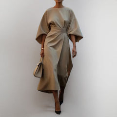 Women's Belted Midi Dress | Wide-Sleeve A-Line Tailored-Waist Button-Front Relaxed Fit for Everyday Wear & Summer Wear in Khaki