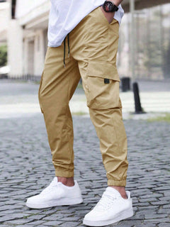 Men's Cargo Trousers | Elastic-Waist Side-Pocket Active-Lifestyle Relaxed Fit for Everyday Wear & Smart Casual Wear in Khaki