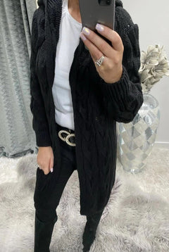 Women's Long Cable Knit Cardigan | Soft Wool Relaxed Fit for Autumn, Winter & Everyday Casual Layering in Black