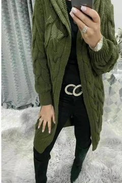Women's Long Cable Knit Cardigan | Soft Wool Relaxed Fit for Autumn, Winter & Everyday Casual Layering in Olive green