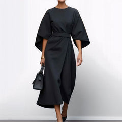 Women's Belted Midi Dress | Wide-Sleeve A-Line Tailored-Waist Button-Front Relaxed Fit for Everyday Wear & Summer Wear in Black