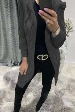 Women's Long Cable Knit Cardigan | Soft Wool Relaxed Fit for Autumn, Winter & Everyday Casual Layering in Dark gray