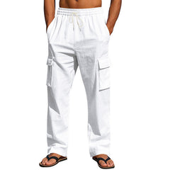 Men's Cargo Trousers | Multi-Pocket Elastic-Waist Practical Casual Relaxed Fit for Everyday Wear & Summer Wear in White