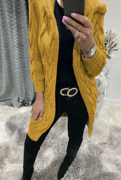 Women's Long Cable Knit Cardigan | Soft Wool Relaxed Fit for Autumn, Winter & Everyday Casual Layering in Yellow