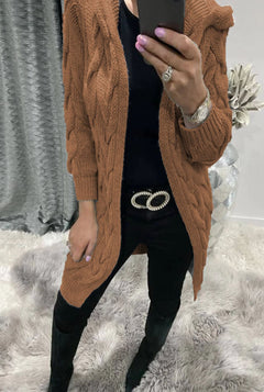 Women's Long Cable Knit Cardigan | Soft Wool Relaxed Fit for Autumn, Winter & Everyday Casual Layering in Caramel