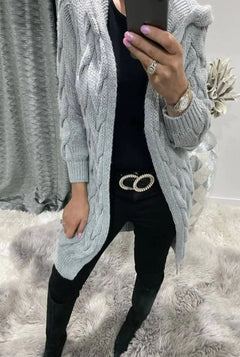 Women's Long Cable Knit Cardigan | Soft Wool Relaxed Fit for Autumn, Winter & Everyday Casual Layering in Light gray