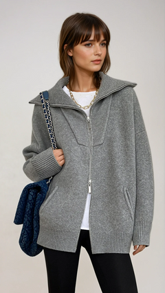 Women's Oversized Knit Cardigan | Zip-Front Ribbed-Trim Oversized Fit for Autumn & Winter Wear & Everyday Wear in Light Grey