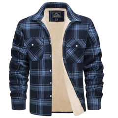 Men's Plaid Cozy Sherpa-Lined Shirt Jacket | Warm Relaxed Fit for Cold Weather Layering & Autumn & Winter Wear in Navy Blue