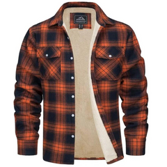 Men's Plaid Cozy Sherpa-Lined Shirt Jacket | Warm Relaxed Fit for Cold Weather Layering & Autumn & Winter Wear in Orange