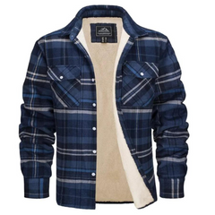 Men's Plaid Cozy Sherpa-Lined Shirt Jacket | Warm Relaxed Fit for Cold Weather Layering & Autumn & Winter Wear in Blue-gray