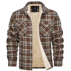 Men's Plaid Cozy Sherpa-Lined Shirt Jacket | Warm Relaxed Fit for Cold Weather Layering & Autumn & Winter Wear in Khaki