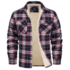 Men's Plaid Cozy Sherpa-Lined Shirt Jacket | Warm Relaxed Fit for Cold Weather Layering & Autumn & Winter Wear in Red