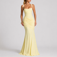 Women's Ruched Maxi Dress | Square-Neck Wide-Strap Fitted Flattering Fit for Evening Wear & Special Occasion Wear in Yellow
