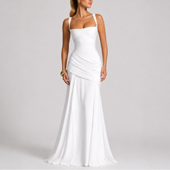 Women's Ruched Maxi Dress | Square-Neck Wide-Strap Fitted Flattering Fit for Evening Wear & Special Occasion Wear in White