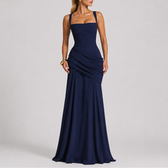 Women's Ruched Maxi Dress | Square-Neck Wide-Strap Fitted Flattering Fit for Evening Wear & Special Occasion Wear in Navy