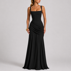 Women's Ruched Maxi Dress | Square-Neck Wide-Strap Fitted Flattering Fit for Evening Wear & Special Occasion Wear in Black