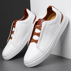 Men's Faux Leather Sneakers | Elastic-Lace Layered-Panel Modern Comfort Fit for Everyday Wear & Smart Casual Wear in White