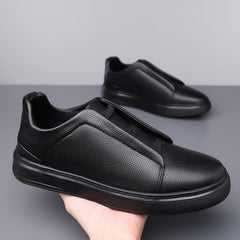 Men's Faux Leather Sneakers | Elastic-Lace Layered-Panel Modern Comfort Fit for Everyday Wear & Smart Casual Wear in Black
