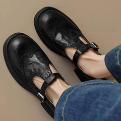 Women's Leather-Look T-Strap Shoes | Vintage Cushioned Comfort Fit for Everyday Wear, Smart Casual Wear & Office Wear in Black