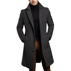 Men's Refined Slim-Fit Notched-Lapel Long Coat | Sleek Tailored Fit for Cold Weather Layering & Autumn & Winter Wear in Dark Grey