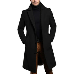 Men's Refined Slim-Fit Notched-Lapel Long Coat | Sleek Tailored Fit for Cold Weather Layering & Autumn & Winter Wear in Black