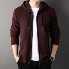Unisex Knit Jacket | Fleece-Lined Textured Adjustable-Hood Regular Fit for Autumn & Winter Wear & Cold Weather Layering in Dark Red