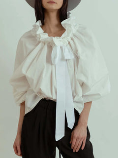 Women's Cotton Blend Lantern-Sleeve Blouse | Ruffled-Collar Bow-Tie Oversized Fit for Office Wear & Everyday Wear in White