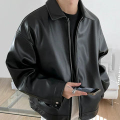 Men's Oversized Leather Bomber Jacket | Smooth Zip-Front Relaxed Fit for Everyday Wear & Cold Weather Layering in Black