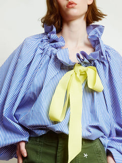 Women's Cotton Blend Lantern-Sleeve Blouse | Ruffled-Collar Bow-Tie Oversized Fit for Office Wear & Everyday Wear in Sky