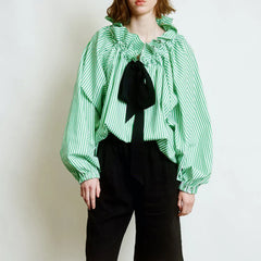 Women's Cotton Blend Lantern-Sleeve Blouse | Ruffled-Collar Bow-Tie Oversized Fit for Office Wear & Everyday Wear in Lime