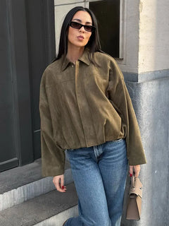 Women's Oversized Bomber Jacket | Drop-Shoulder Elastic-Hem Relaxed Fit for Autumn & Winter Wear & Smart Casual Wear in Green