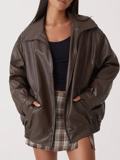 Women's Oversized Leather Jacket | Long-Sleeve Relaxed Structured Fit for Autumn & Winter Wear & Cold Weather Layering in Brown