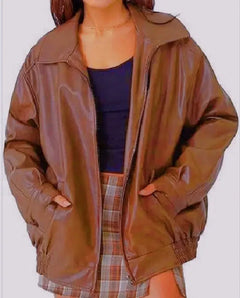 Women's Oversized Leather Jacket | Long-Sleeve Relaxed Structured Fit for Autumn & Winter Wear & Cold Weather Layering in Red