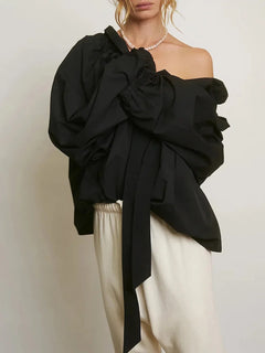 Women's Cotton Blend Lantern-Sleeve Blouse | Ruffled-Collar Bow-Tie Oversized Fit for Office Wear & Everyday Wear in Black