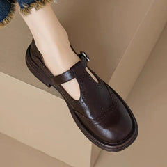 Women's Leather-Look T-Strap Shoes | Vintage Cushioned Comfort Fit for Everyday Wear, Smart Casual Wear & Office Wear in Brown