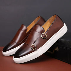 Men's Faux Leather Loafers | Dual-Buckle Sleek Striking Statement Comfort Fit for Everyday Wear & Smart Casual Wear in Brown
