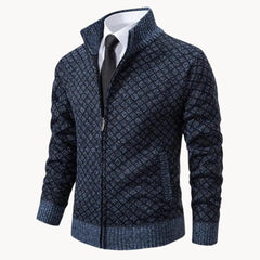 Men's Knit Sweater Jacket | Full-Zip Stand-Collar Patterned Regular Fit for Autumn & Winter Wear & Cold Weather Layering in Blue