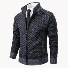 Men's Knit Sweater Jacket | Full-Zip Stand-Collar Patterned Regular Fit for Autumn & Winter Wear & Cold Weather Layering in Grey