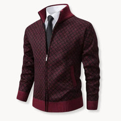 Men's Knit Sweater Jacket | Full-Zip Stand-Collar Patterned Regular Fit for Autumn & Winter Wear & Cold Weather Layering in Red