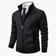 Men's Knit Sweater Jacket | Full-Zip Stand-Collar Patterned Regular Fit for Autumn & Winter Wear & Cold Weather Layering in Black