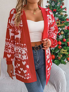 Women's Knit Cardigan | Open-Front Snowflake-Print Pocketed Relaxed Fit for Autumn & Winter Wear & Holiday Wear in Red
